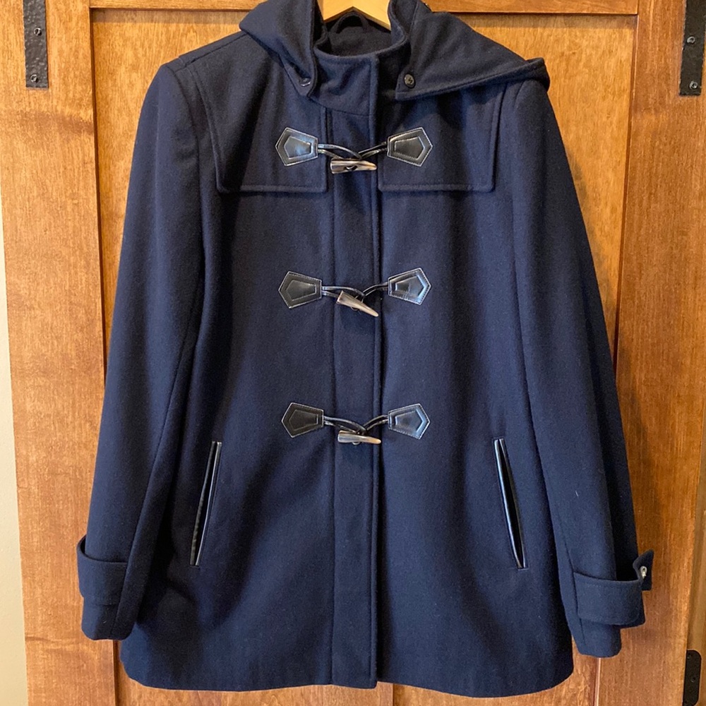 ☃️Liz Claiborne Womens Duffle Hooded Toggle Coat Wool Blend - Navy Blue (Large)